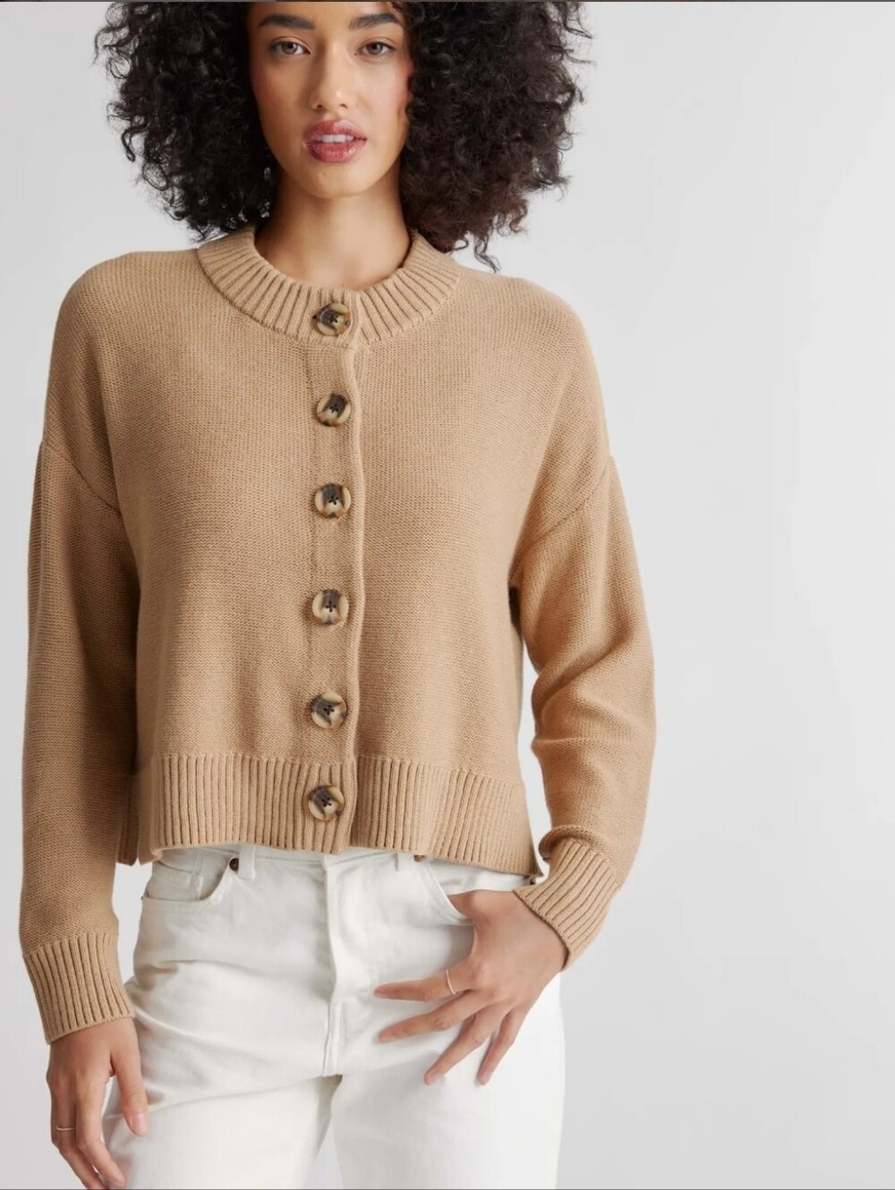 Quince Organic Cotton Camel Cropped Cardigan SZ L